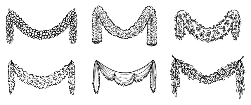 Set of thick hanging floral garlands and decorative wedding drapes