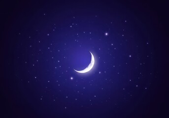Naklejka premium A peaceful representation of the night sky featuring a subtle crescent moon nestled among twinkling stars and deep indigo space, bedtime, clock, weather