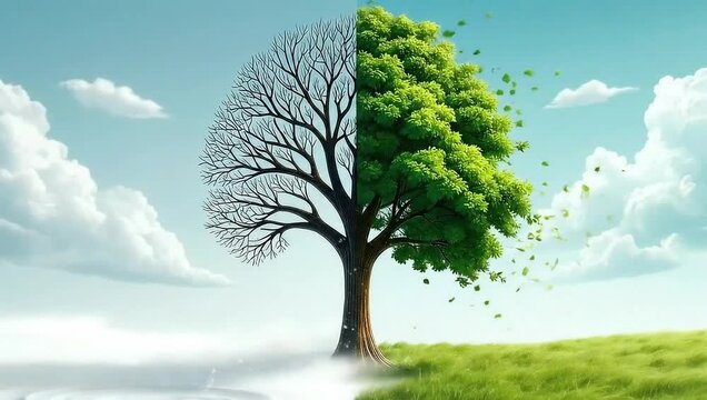 Nature's Seasonal Transformation Depicted Through a Single Divided Tree