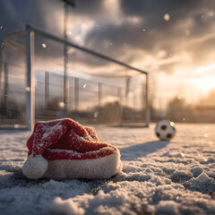 Santa hat on winter snowy soccer field, goal and ball in background. Concept of Christmas celebration blending with resting summer sport field.
