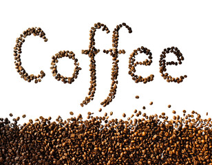 Coffee text made of coffee beans isolated on transparent background