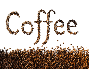 Coffee text made of coffee beans isolated on transparent background