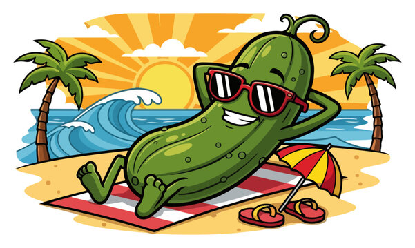 Funny cartoon pickle character relaxing on tropical beach summer vacation