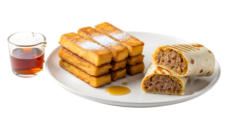 Stack of french toast sticks with powdered sugar and a breakfast burrito, isolated on transparent background