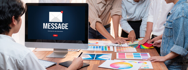 Email notification message showing on computer screen brisk. Digital marketing message information text from business to customer client