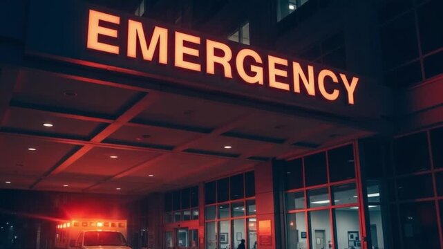 Ambulance Arrives at Emergency Department Under Glowing Sign