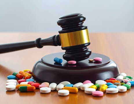 Gavel on pile of pills, brown base, wooden surface. Blue and gray background