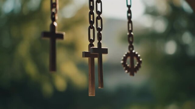 A row of hanging christian cross pendants on chains with a blurred natural background. Religious symbols representing faith, hope, and spirituality for a memorial banner