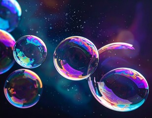 Iridescent orbs float amidst swirling nebulous hues, some whole, others broken, catching colorful light