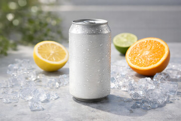 Blank Aluminum Beverage Can Mockup with Ice and Fresh Citrus in Natural Daylight
