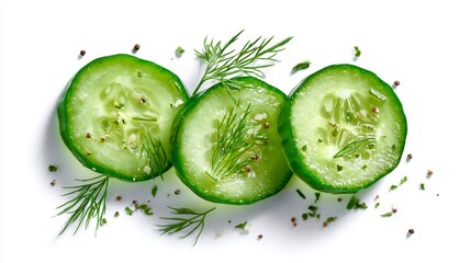 Three round cucumber slices with dill, and pepper seasoning on a white background, demonstrating freshness