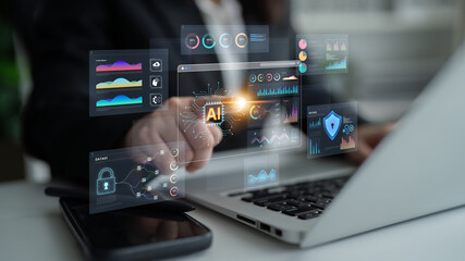 An Artificial Intelligence platform for business intelligence. The dashboard shows advanced data analytics, predictive modeling, and security monitoring through various visualizations. Fermion