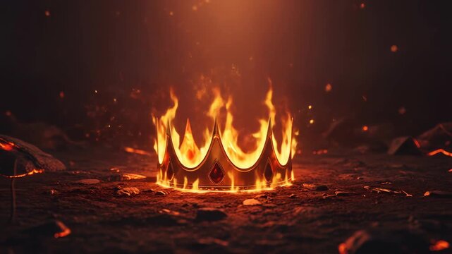 Ethereal crown ablaze with fiery brilliance resting upon rugged terrain, casting radiant glow