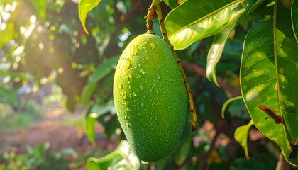 Green fruit hangs from a tree with green leaves and water droplets in a sunlit outdoor scene