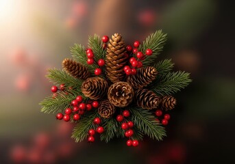 Traditional festive display featuring rustic pinecones, vibrant red berries, and classic winter greenery set for the holidays, gold, close up, evergreen