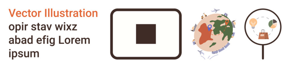 Travel, e-commerce, global trade, logistics, geography, navigation. ion of maps, a magnifying glass and icons. Travel and e-commerce concept global trade and geography © robu_s