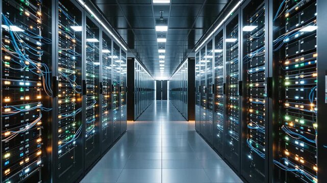 Interior view of a high-tech data center with illuminated server racks, network cables, and advanced infrastructure for cloud computing, storage, and IT security.