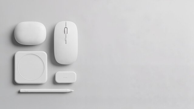 Minimal white tech accessories flat lay with copy space