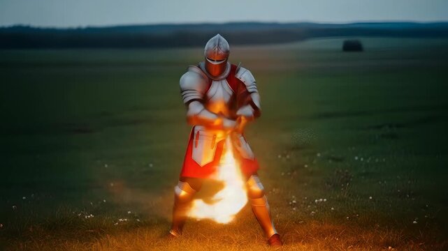 Fiery Knight: A warrior stands guard, wielding a flaming sword in a medieval fantasy setting,