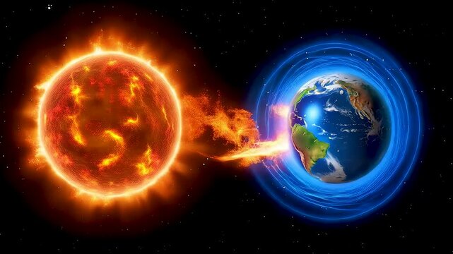 Solar plasma eruption racing toward Earth as the magnetic field deflects coronal mass ejection energy to shield the planet from radiation