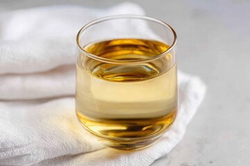 Glass with clear light golden liquid sits upright on soft white textile, clean grey surface.