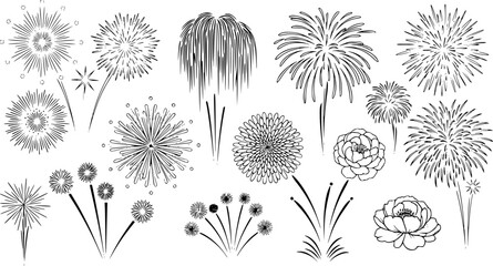 set of fireworks line art, black outline, vector and illustration