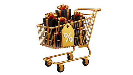 Golden shopping cart filled with gifts on transparent background