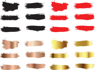 Collection of diverse artistic paint brush strokes and grunge design elements in black red gold and bronze