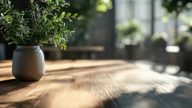 Sunlit office with wood table and potted plants.