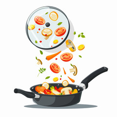 Vegetables falling into frying pan cooking healthy meal illustration