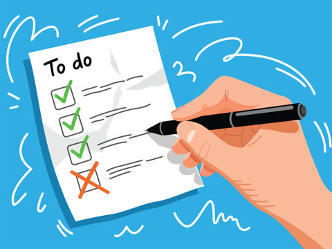 Hand checking off completed tasks on a to do list with pen on blue background - Powered by Adobe