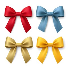 Colorful collection of four decorative bows in red, blue, gold, and yellow, showcasing various textures and styles, perfect for gift wrapping and festive occasions