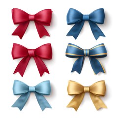 Colorful collection of decorative satin bows in red, blue, and gold arranged neatly, showcasing various styles and textures for festive occasions and gift wrapping