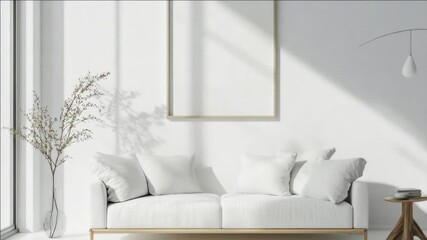 A bright and airy modern living room with a monochromatic color scheme, featuring minimal furniture and floor to ceiling windows for a spacious feel.