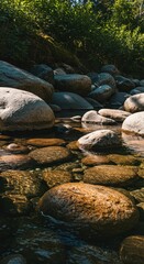 Continuous stream of clear water smoothly flowing over rounded river stones in a calm, vibrant, and pristine environment, ripple, rhythm, stream