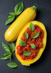 Healthy golden summer squash dish covered in savory red sauce and garnished generously with vibrant green basil leaves, ready to eat ,fresh, colorful, squash