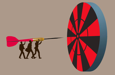A team of business people work together to take their dart to the bullseye of the target and close a big deal in this 3-d illustration.