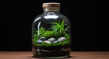 Lush miniature garden ecosystem thriving within a sealed glass bottle, showcasing moss, small stones, and green foliage, biology, nature, miniature