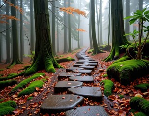 Mossy stone path winds through a misty European forest, rain-drenched and serene, exploration, forest, woodland