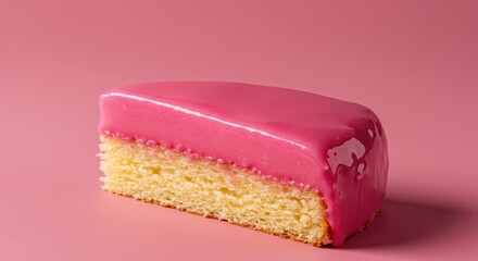 Saturated pink icing covering a spongy cake slice, glistening under bright light, representing processed junk food and artificial flavor ,fake sweet ,dessert ,gooey