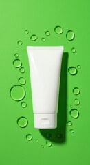 Skincare product still life featuring a clean white tube of soothing aloe vera moisturizer centered on a bright, vibrant green background ,flora, vibrant, botanical