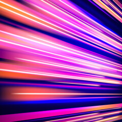 Bright neon streaks cut through the night background. Motion blur and light particles enhance the feeling of acceleration. The illustration represents speed, technology, and digital energy.