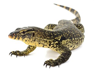 Obraz premium Monitor lizard with striking yellow markings posed against a crisp, clean white backdrop, showcasing textured skin