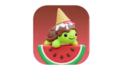 Cute Turtle with Ice Cream on Watermelon