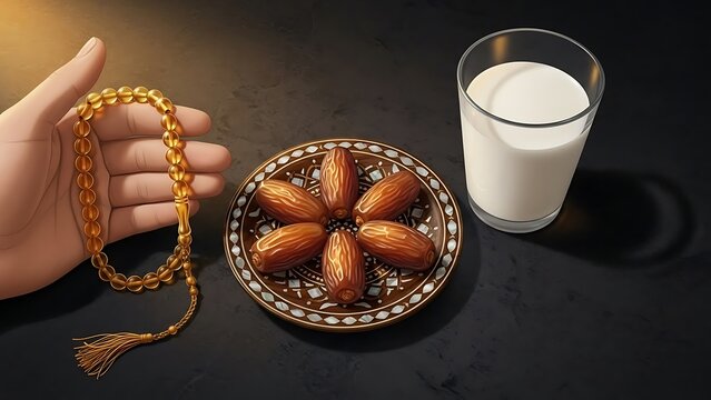 Ramadan Iftar Dates Milk and Prayer Beads.