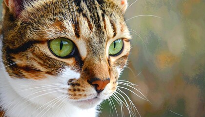 Headshot of a beautiful tabby cat with intense green eyes, blurred light background