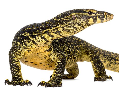 Monitor lizard close-up against white background. Yellow & black scales. Profile, alert posture. Eyes focused, claws visible