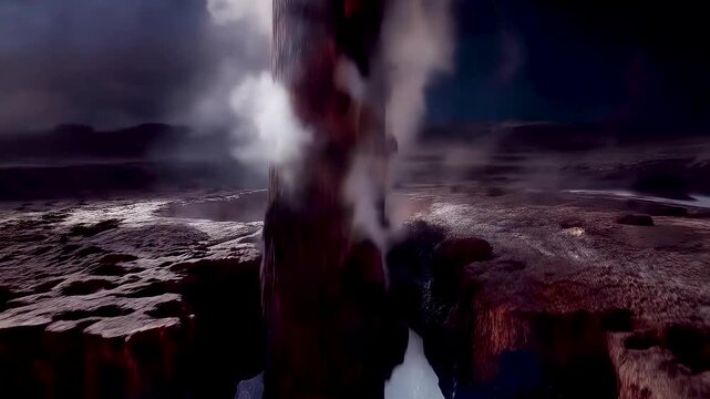 Cross section near a volcano showing underground water heated by magma building steam pressure and erupting through rock vents in an explosion