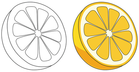 Lemon illustration showing a bright yellow citrus slice with clean segments and smooth glossy shading created in a simple minimal style for fresh food themed designs