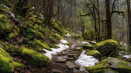 Stone pathway winds through a moss-covered forest, remnants of snow dot the trail, trees reach towards a misty sky